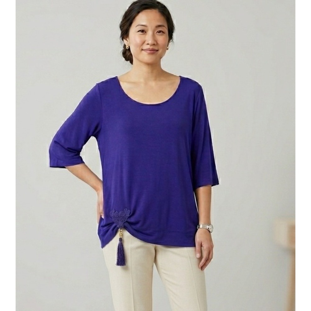 Soft Surroundings L Blue Purple Knit Tunic Top Tassel Accent 3/4‎ Sleeve Artsy